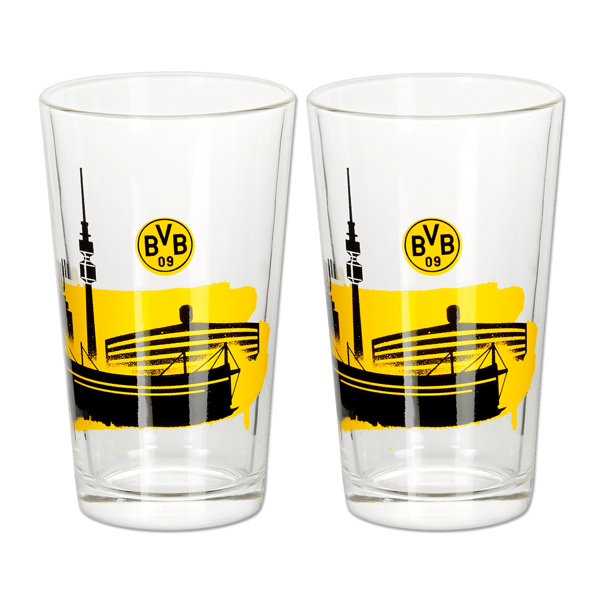 Set composto da due bicchieri da acqua del BVB con motivo dello skyline nei colori nero e giallo, con l’immagine del SIGNAL IDUNA PARK e il logo del BVB, ideali per i tifosi e come accessorio di stile.