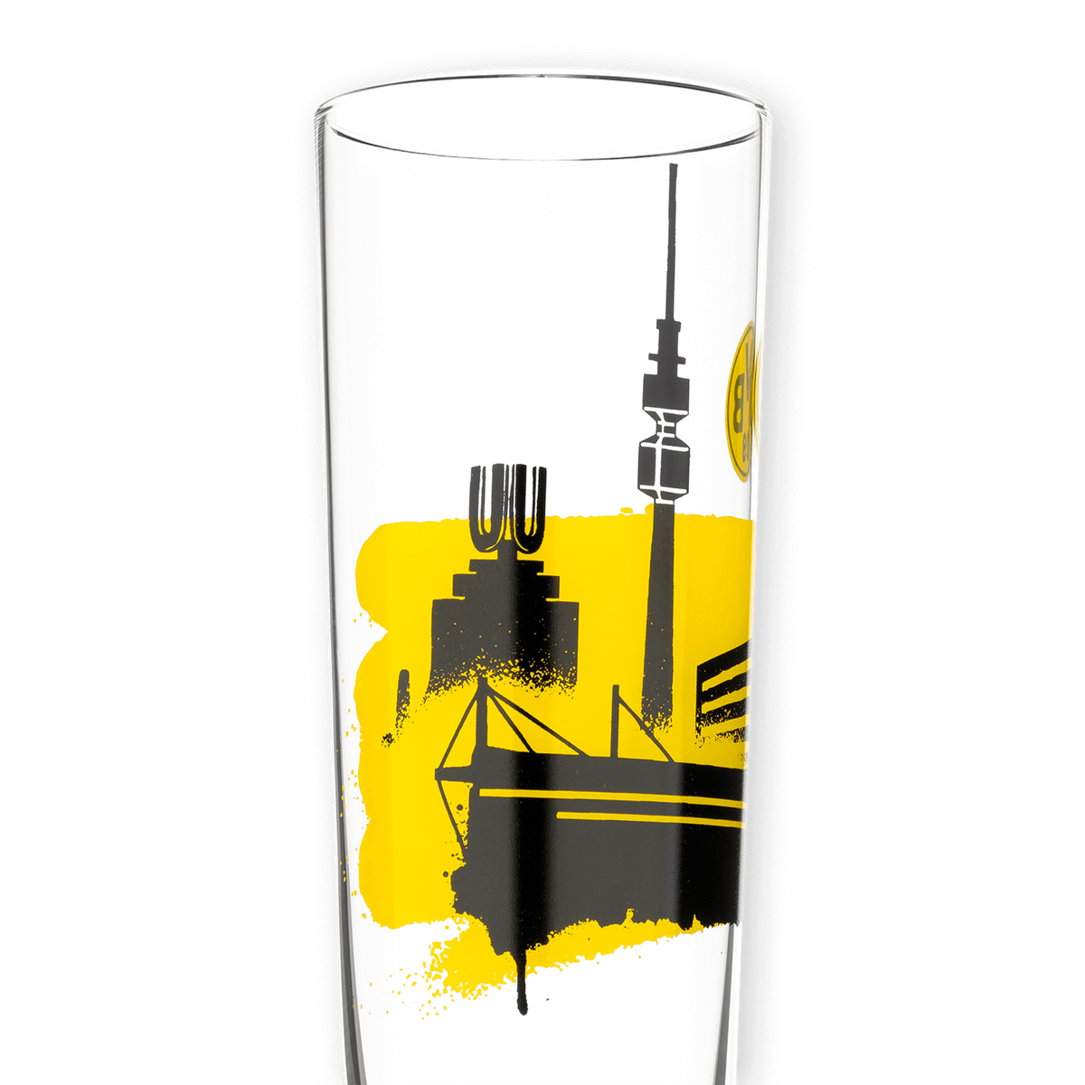 Vaso transparente de cerveza Pils del BVB de 0,3 l con un diseño del perfil urbano en negro y amarillo, que incluye el SIGNAL IDUNA PARK y otros lugares emblemáticos de Dortmund.