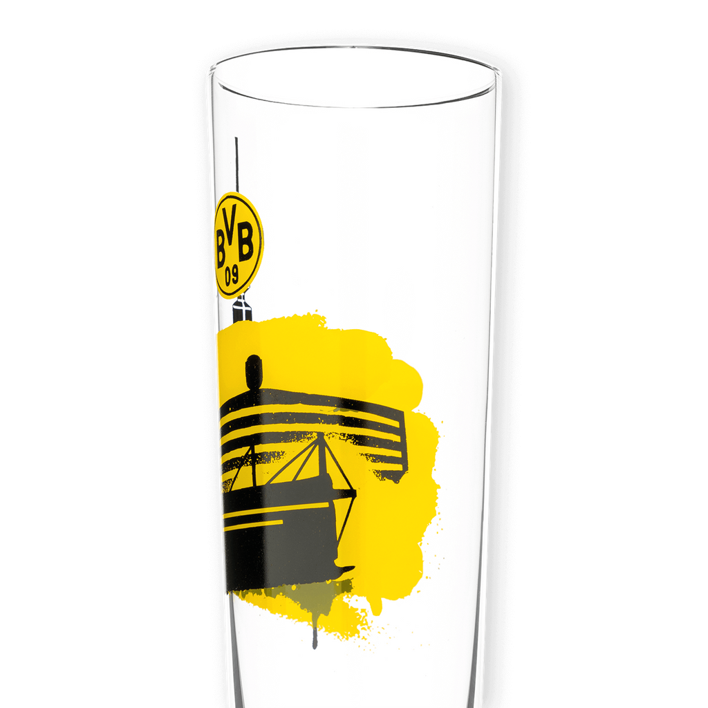 Ein stilvolles BVB Pilsglas mit Skyline-Motiv des SIGNAL IDUNA PARKs in schwarzgelber Optik und dem BVB-Logo, ideal für Fans von Borussia Dortmund. Fassungsvermögen 0,3 Liter.
