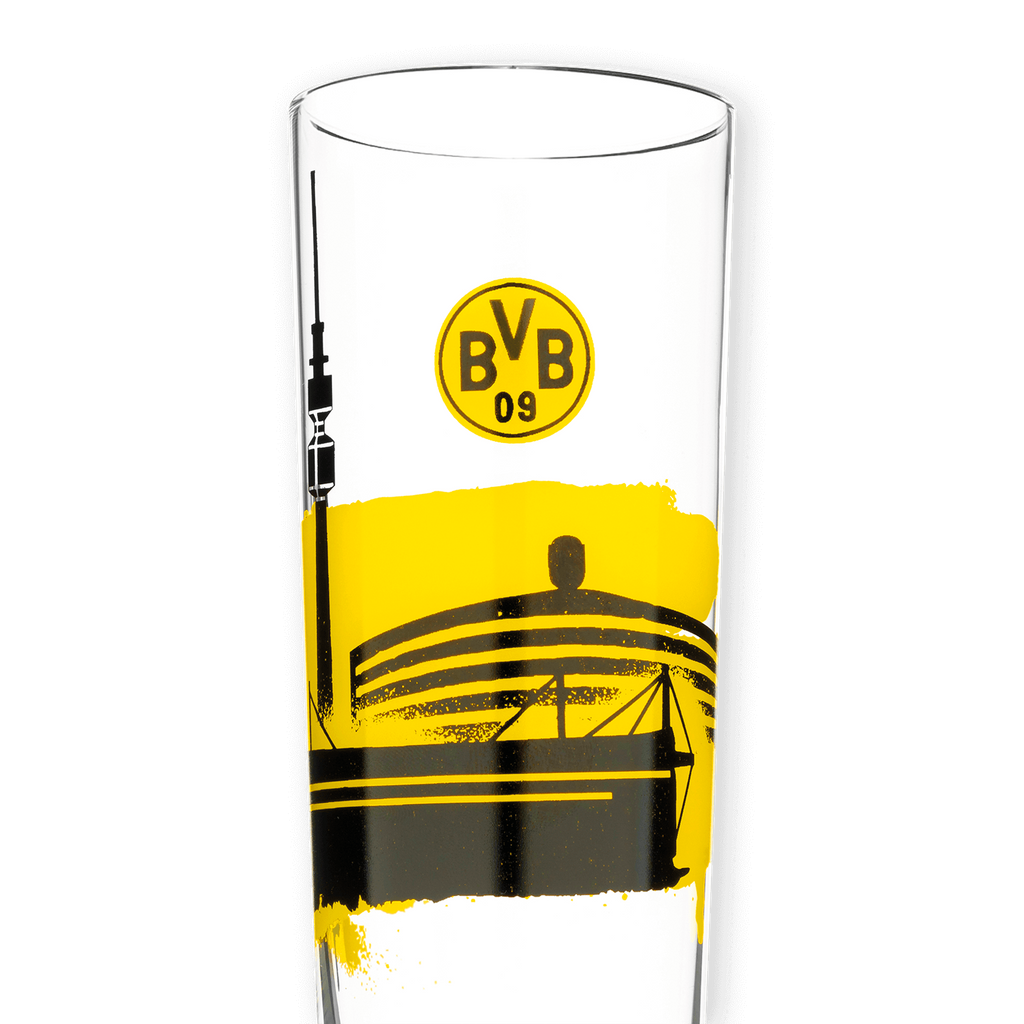 Transparentes BVB Pilsglas mit gelber Skyline des SIGNAL IDUNA PARK und BVB-Logo, Fassungsvermögen 0,3 Liter, ideal für Fans von Borussia Dortmund.