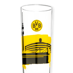 Transparentes BVB Pilsglas mit gelber Skyline des SIGNAL IDUNA PARK und BVB-Logo, Fassungsvermögen 0,3 Liter, ideal für Fans von Borussia Dortmund.