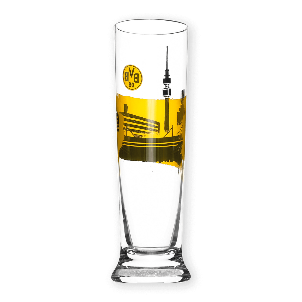 Pilsglas mit 0,3 Liter Fassungsvermögen und stilvollem schwarzgelbem Design, inklusive Dortmund-Skyline und BVB-Logo, ideal für Fans von Borussia Dortmund.