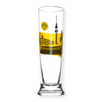 Pilsglas mit 0,3 Liter Fassungsvermögen und stilvollem schwarzgelbem Design, inklusive Dortmund-Skyline und BVB-Logo, ideal für Fans von Borussia Dortmund.