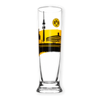 Pilsglas mit 0,3 Liter Fassungsvermögen, verziert mit schwarzgelbem Borussia Dortmund Skyline-Design und prominentem BVB-Logo.