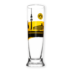 A 0.3-liter pilsner glass, decorated with a black-and-yellow Borussia Dortmund skyline design and a prominent BVB logo.