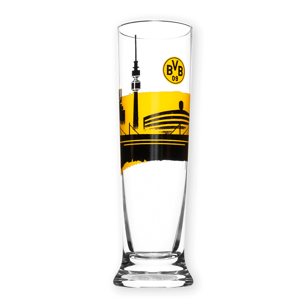 A 0.3-liter pilsner glass, decorated with a black-and-yellow Borussia Dortmund skyline design and a prominent BVB logo.