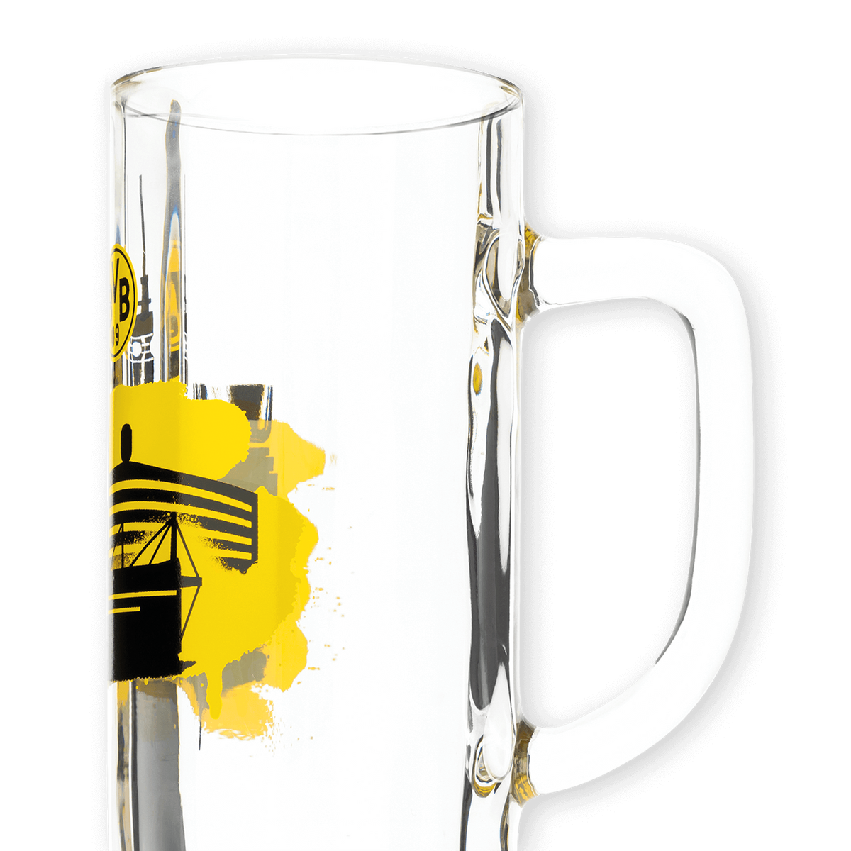 Vaso de cerveza del BVB con diseño del skyline y detalles en negro y amarillo, ideal para los aficionados del Borussia Dortmund, con una capacidad de 0,5 l.