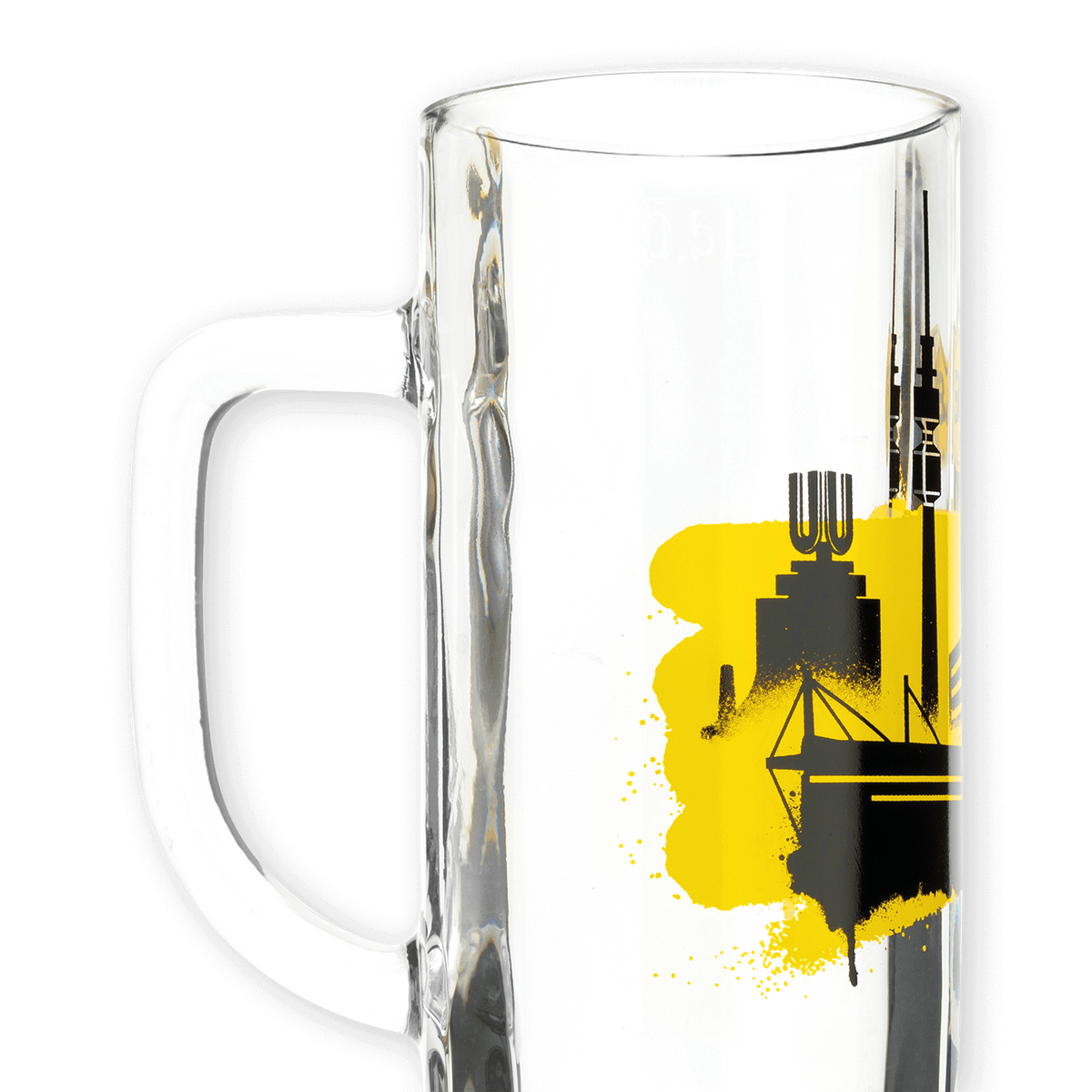Bicchiere da birra con motivo dello skyline del BVB nei colori sociali nero e giallo e una capacità di 0,5 litri. Perfetto per i tifosi del Borussia Dortmund.