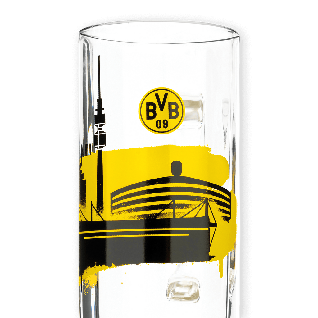 Bicchiere da birra del Borussia Dortmund con lo skyline nero e giallo del SIGNAL IDUNA PARK e il logo del BVB, capacità 0,5 l.