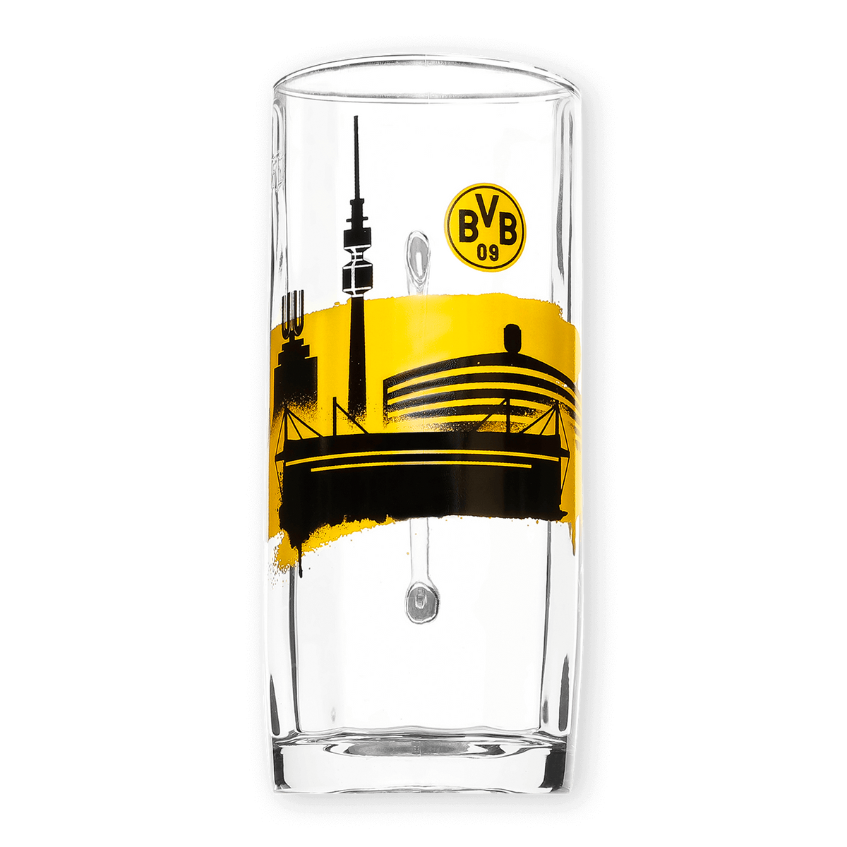Schickes BVB-Bierglas mit schwarzgelber Skyline von Dortmund und BVB 09-Logo, 0,5 Liter Fassungsvermögen, must-have für Borussia Dortmund Fans.