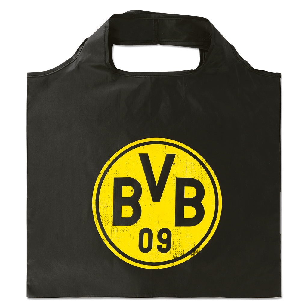 Sac de courses pliable noir du BVB avec le logo jaune du BVB, idéal comme sac de courses écologique et accessoire pratique pour les supporters.