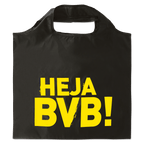 Sac pliable noir du BVB avec l'inscription jaune « HEJA BVB ! », un accessoire pratique idéal pour les supporters du Borussia Dortmund.