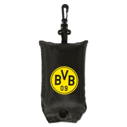 The BVB Foldable Tote is a black shopping bag with a yellow BVB logo and a hook for easy attachment.