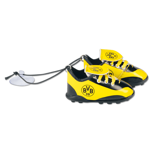 Schwarzgelbe Autoschuhe mit BVB-Logo und Saugnäpfen, ideal als Fanartikel und Autoaccessoire für Borussia Dortmund Anhänger.