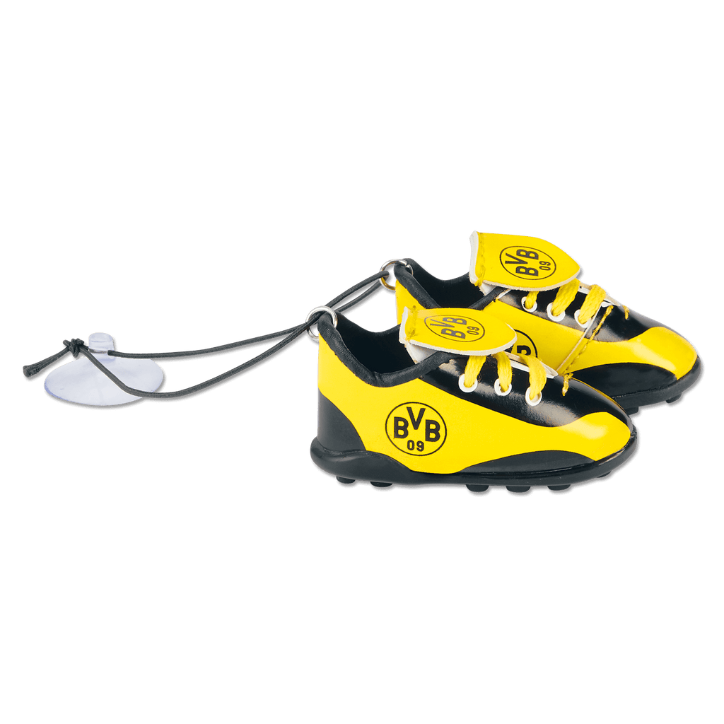 Scarpe da auto nere e gialle con il logo del BVB e ventose, ideali come gadget per i tifosi e come accessorio per l'auto dei sostenitori del Borussia Dortmund.
