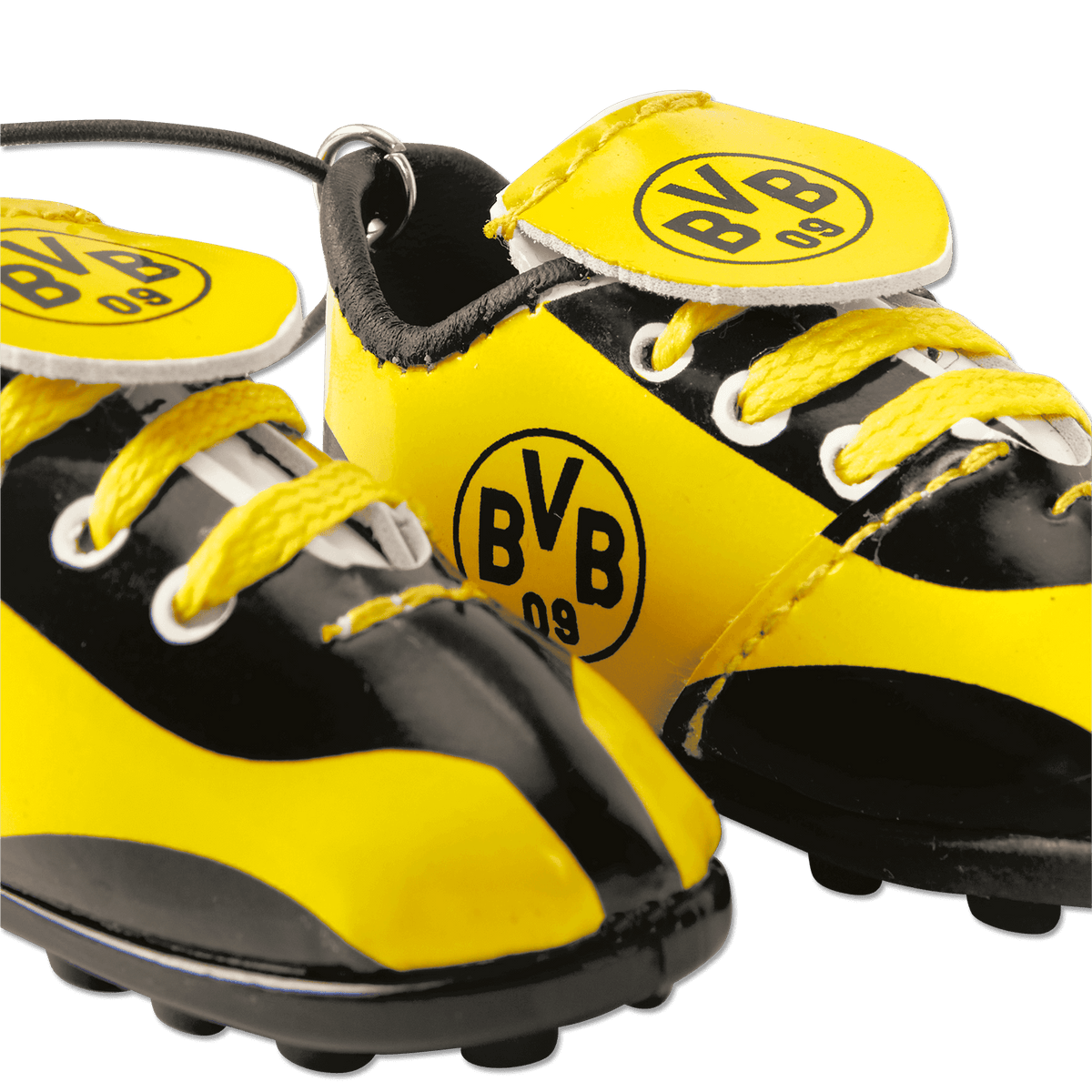Scarpe da auto del BVB nere e gialle con il logo BVB 09 e lacci gialli, l'accessorio perfetto per i piccoli tifosi o come decorazione per l'auto.