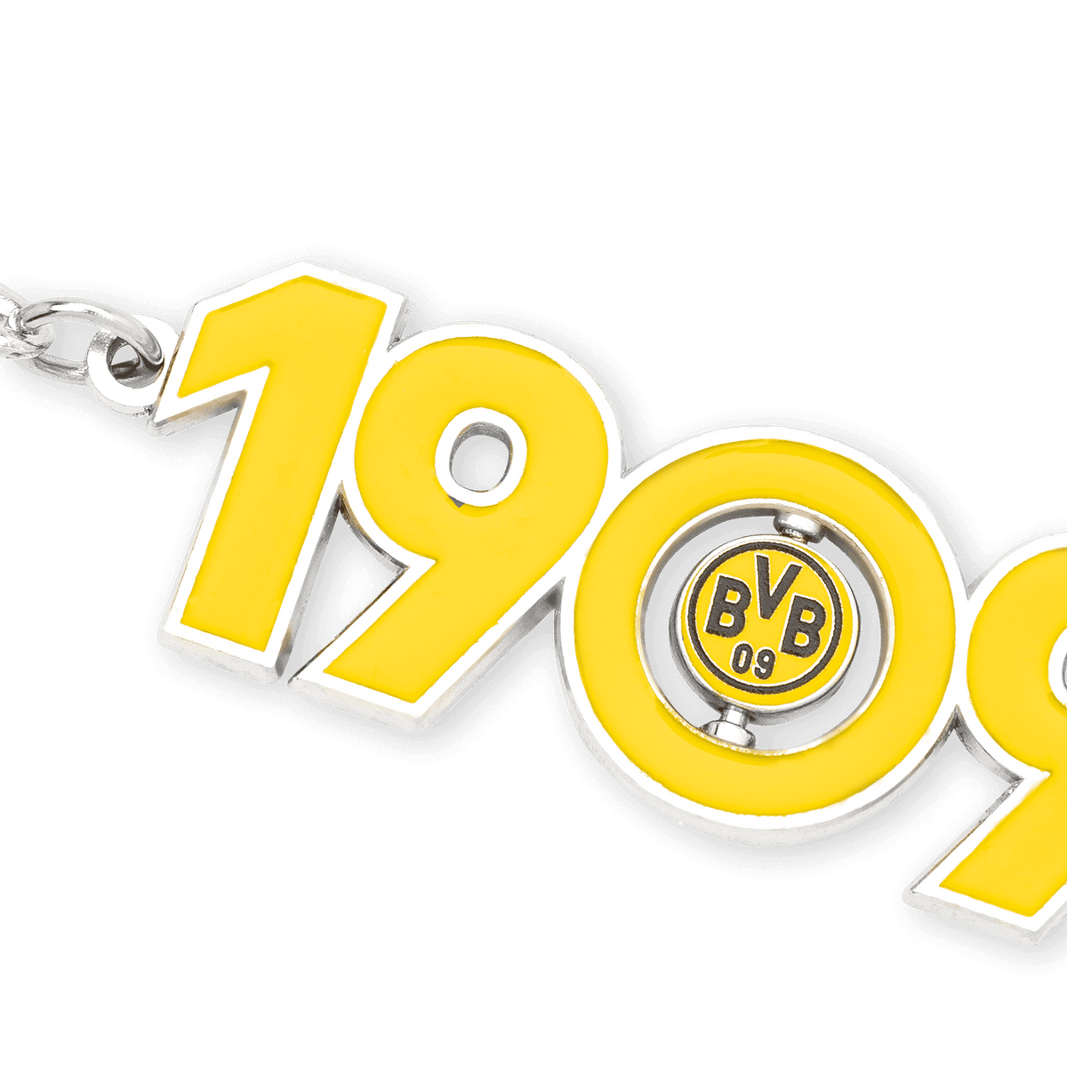 Eine Großaufnahme eines BVB-Schlüsselanhängers in Form der Jahreszahl 1909, gelb mit silbernem Rand und integriertem BVB-Emblem in einem der Nullen.