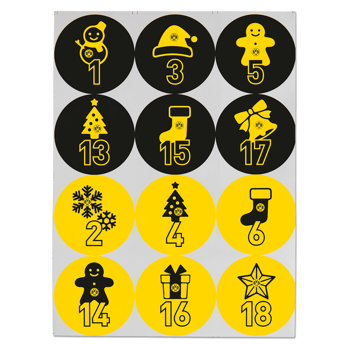 Schwarzgelber BVB Adventskalender mit 24 Türchen, weihnachtlichen Symbolen und dem BVB-Logo, perfekt für Fans von Borussia Dortmund.