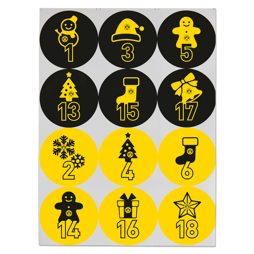Schwarzgelber BVB Adventskalender mit 24 Türchen, weihnachtlichen Symbolen und dem BVB-Logo, perfekt für Fans von Borussia Dortmund.