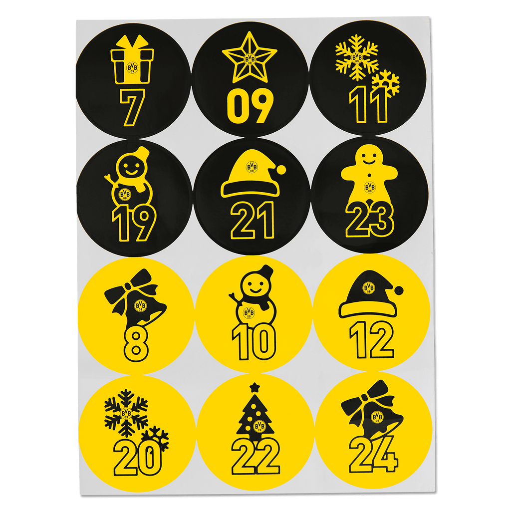 这款黑黄配色的多特蒙德（BVB）圣诞倒数日历内含24张贴纸，图案为圣诞主题及以多特蒙德队色呈现的数字。是多特蒙德球迷圣诞节的理想之选。