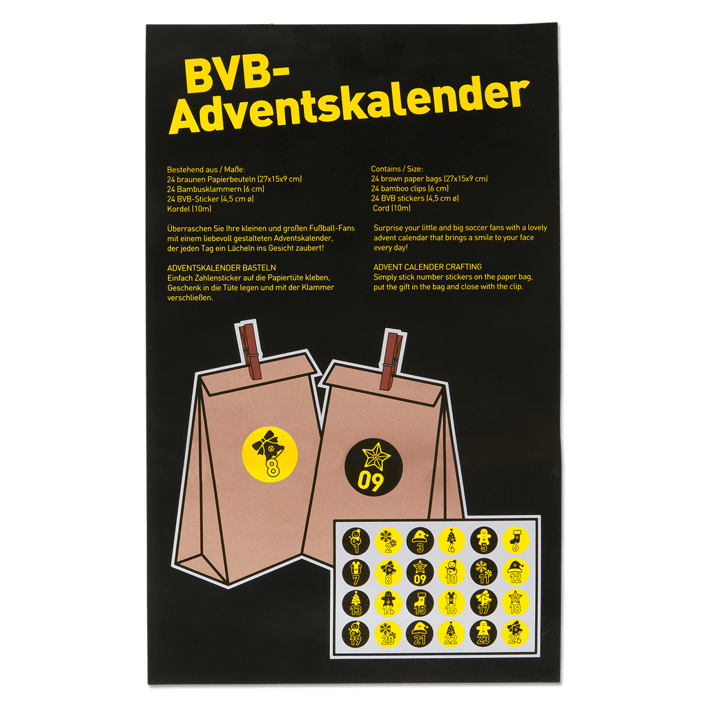 多特蒙德（BVB）圣诞倒数日历，包含24个棕色纸袋、24张黑黄双色数字贴纸和24个竹制夹子。是多特蒙德球迷理想的圣诞DIY礼品套装。