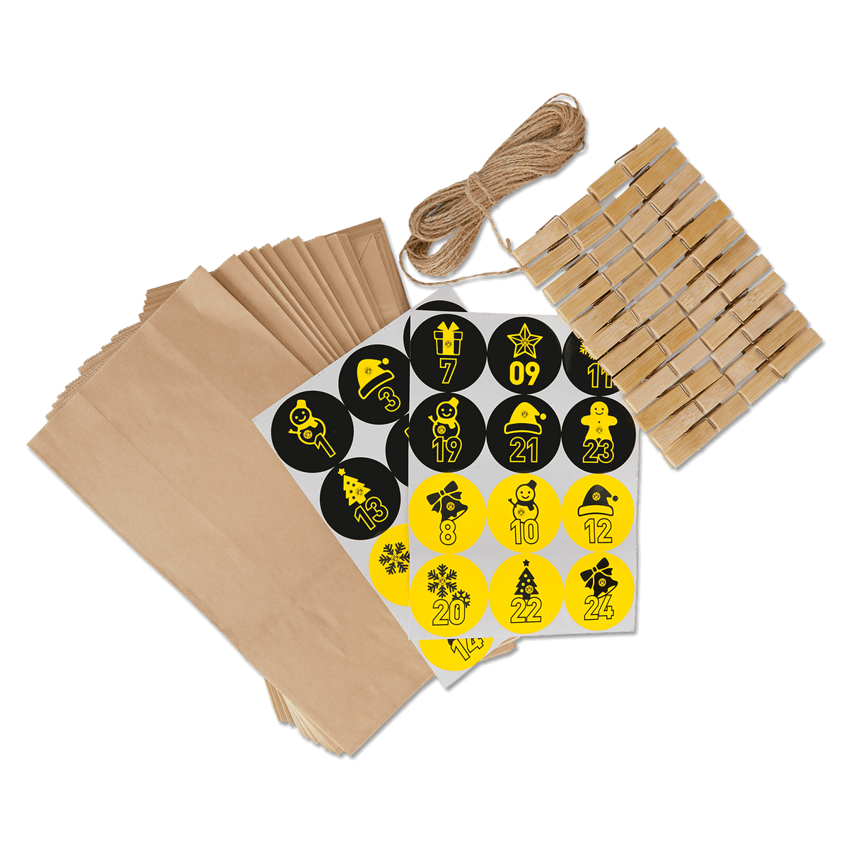 BVB Adventskalender-Set mit Papiertüten, Holzklammern, Juteschnur und schwarzgelben Aufklebern zur individuellen Gestaltung.
