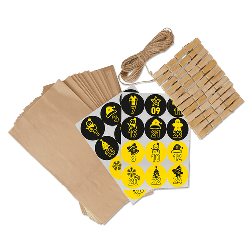 BVB Adventskalender-Set mit Papiertüten, Holzklammern, Juteschnur und schwarzgelben Aufklebern zur individuellen Gestaltung.