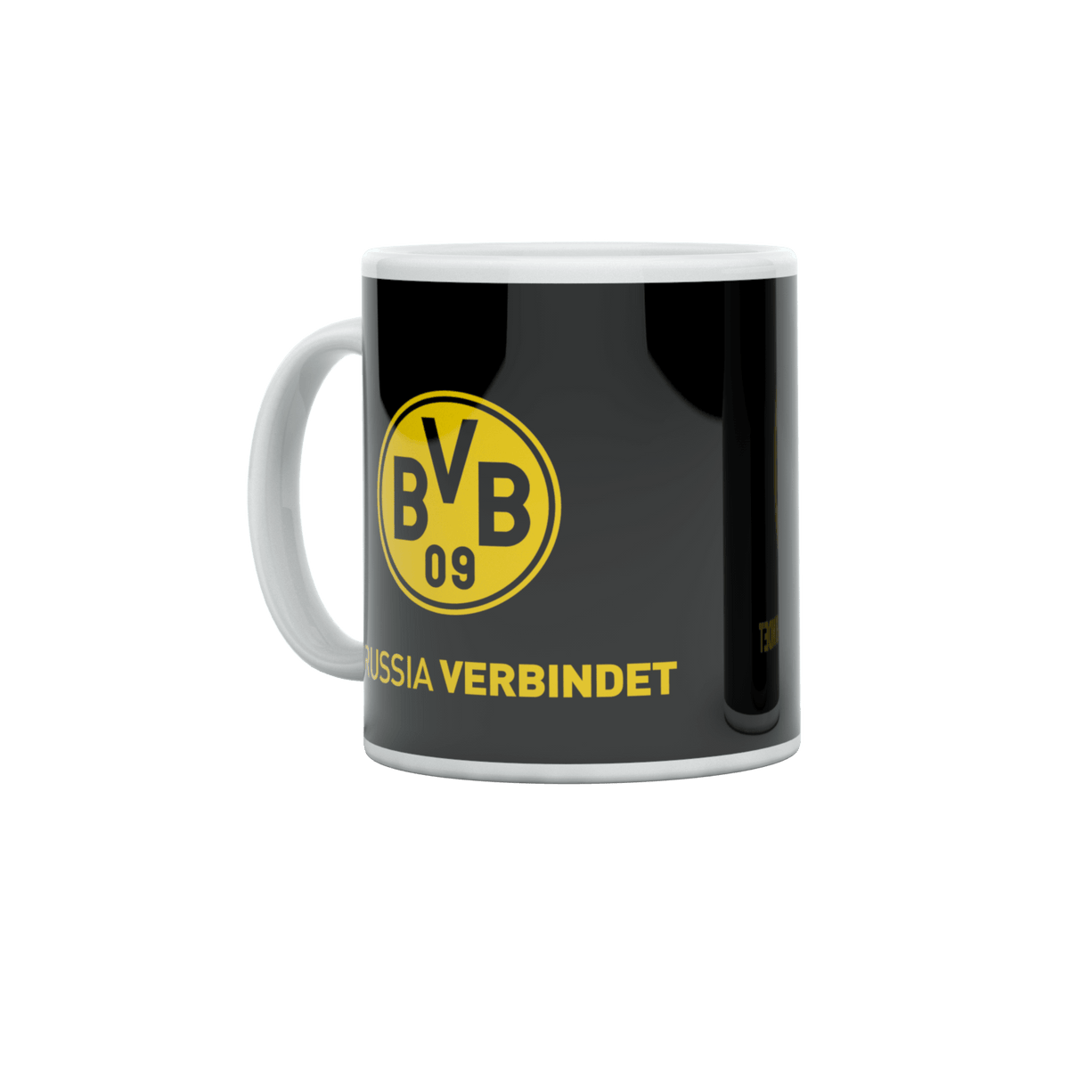 Schwarze BVB-Tasse mit gelbem BVB 09-Logo und gelbem Schriftzug 'Borussia verbindet' auf der Vorderseite.