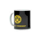 前面に黄色の「BVB 09」ロゴと「Borussia verbindet」という黄色の文字が入った、黒いBVBマグカップ。
