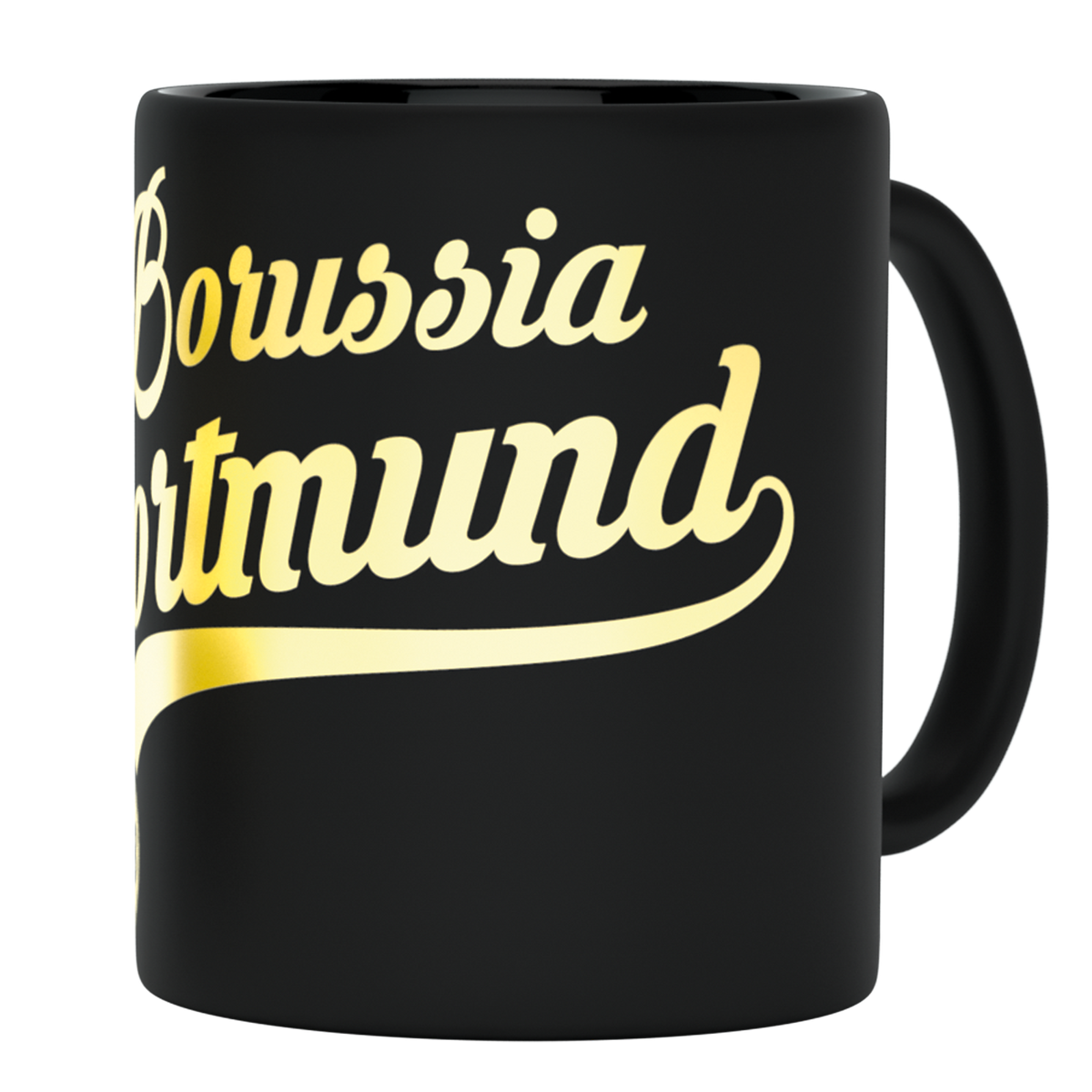Schwarze Tasse mit goldenem Metallic-Schriftzug Borussia Dortmund, ideales Accessoire für Fans.