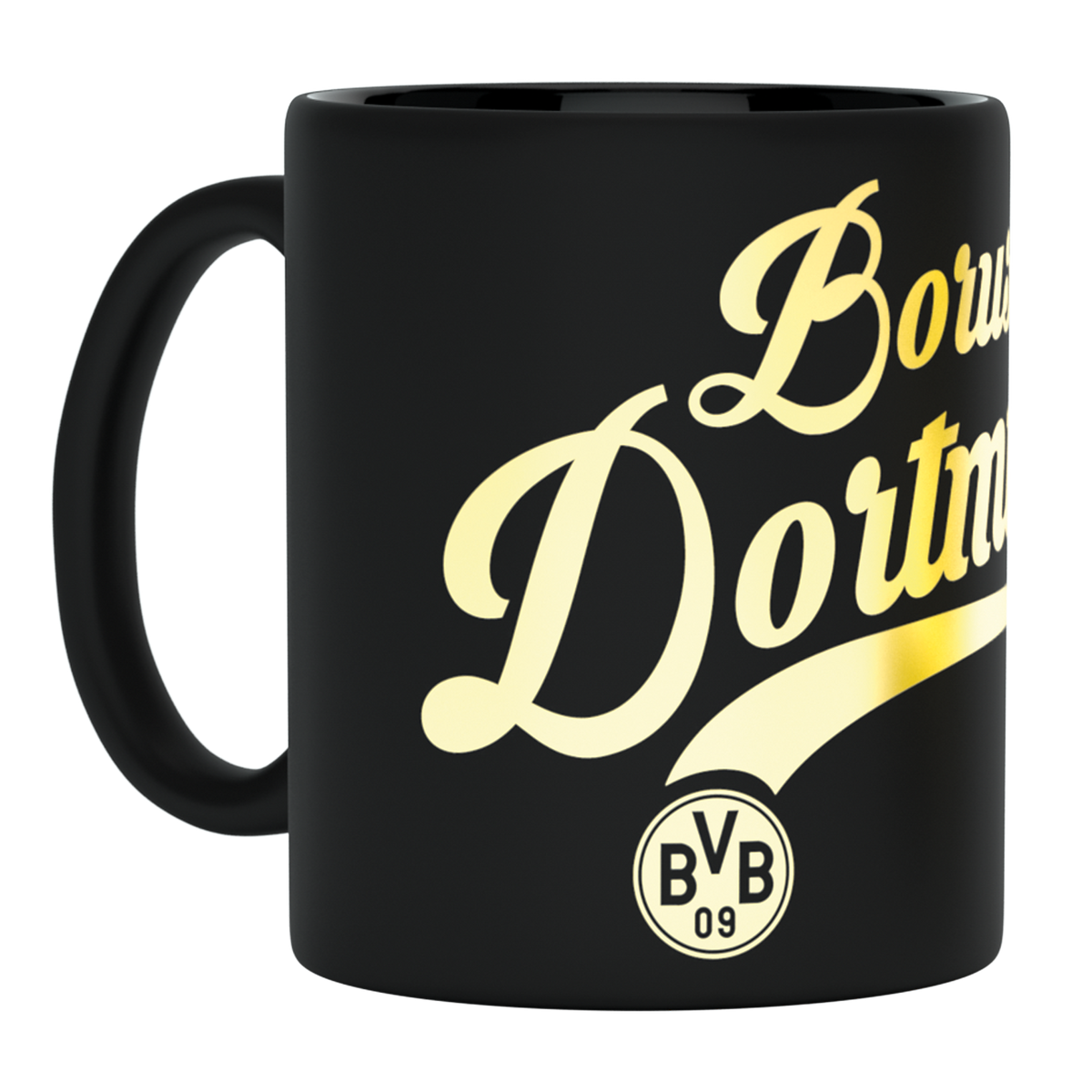 一款黑色多特蒙德（BVB）马克杯，杯身印有金色金属质感的“Borussia Dortmund”字样及BVB队徽，是该俱乐部球迷的理想之选。