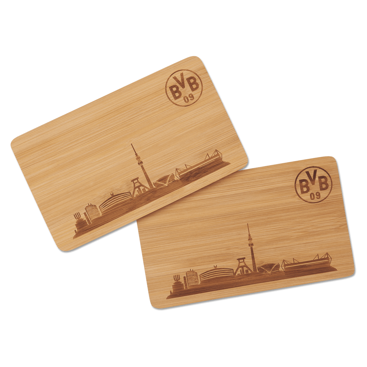 Juego de dos tablas de desayuno de madera del BVB con el perfil urbano de Dortmund y el logotipo del BVB grabados, ideal para los aficionados del Borussia Dortmund.