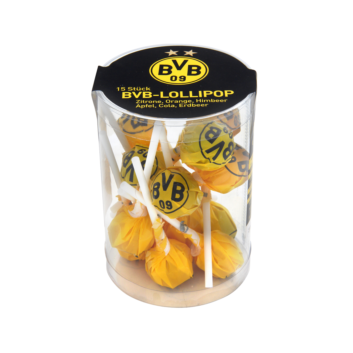 Kunststoffverpackung mit 15 BVB-Lollipops im schwarzgelben Design, erhältlich in Geschmacksrichtungen wie Zitrone, Orange, Himbeere, Apfel, Cola, und Erdbeer.