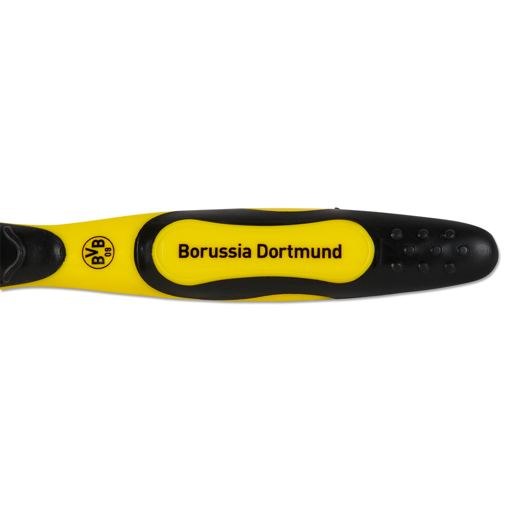Brosse à dents noire et jaune arborant le logo et le nom du Borussia Dortmund, idéale comme article de supporter et accessoire du quotidien.