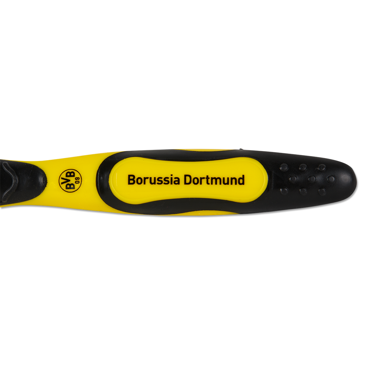 Schwarzgelbe Zahnbürste mit Borussia Dortmund Logo und Schriftzug, ideal als Fanartikel und tägliches Accessoire.