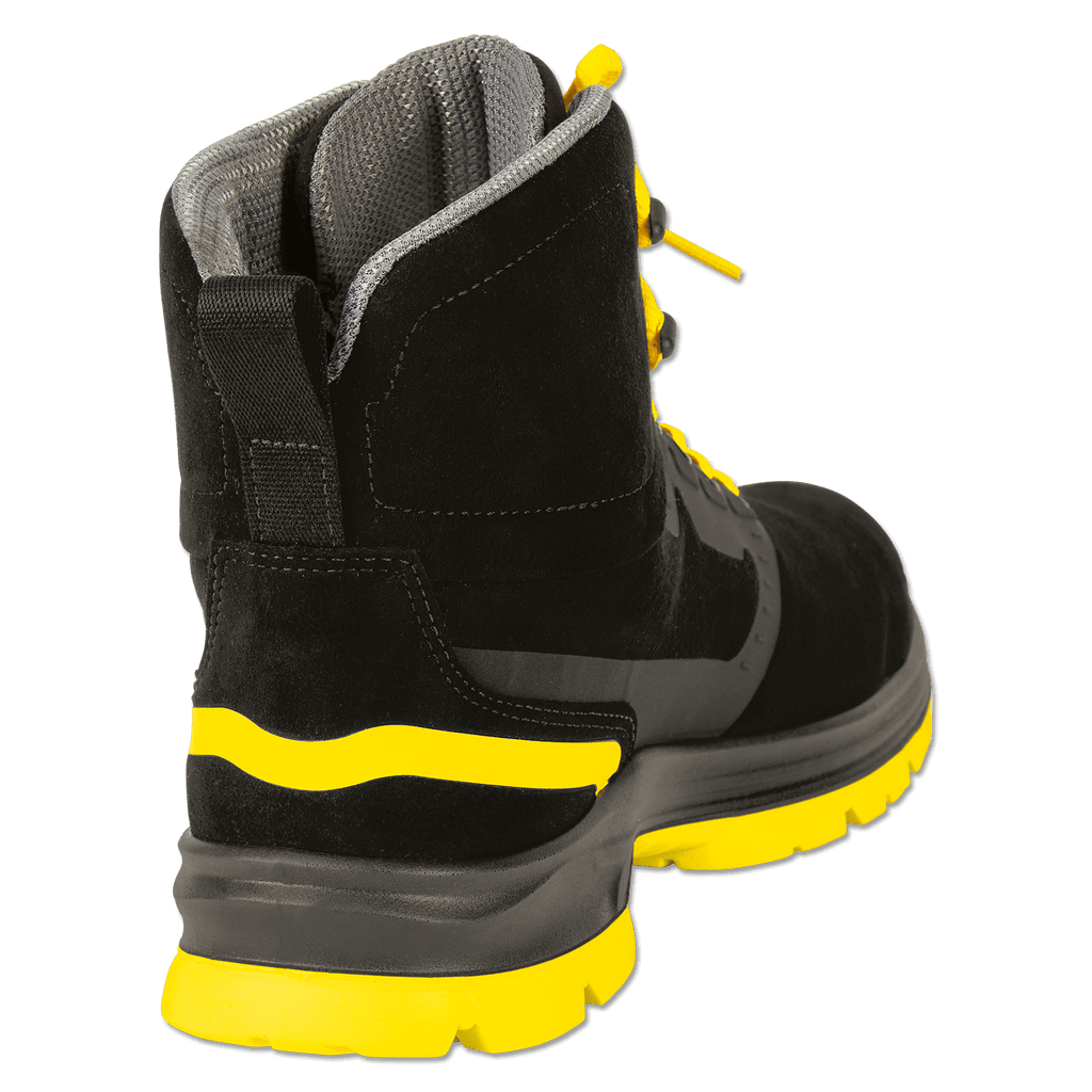 Robuster BVB-Sicherheitsstiefel Malocher 09 High in schwarzgelbem Design mit S3-Klassifizierung für optimalen Schutz und Komfort bei der Arbeit.