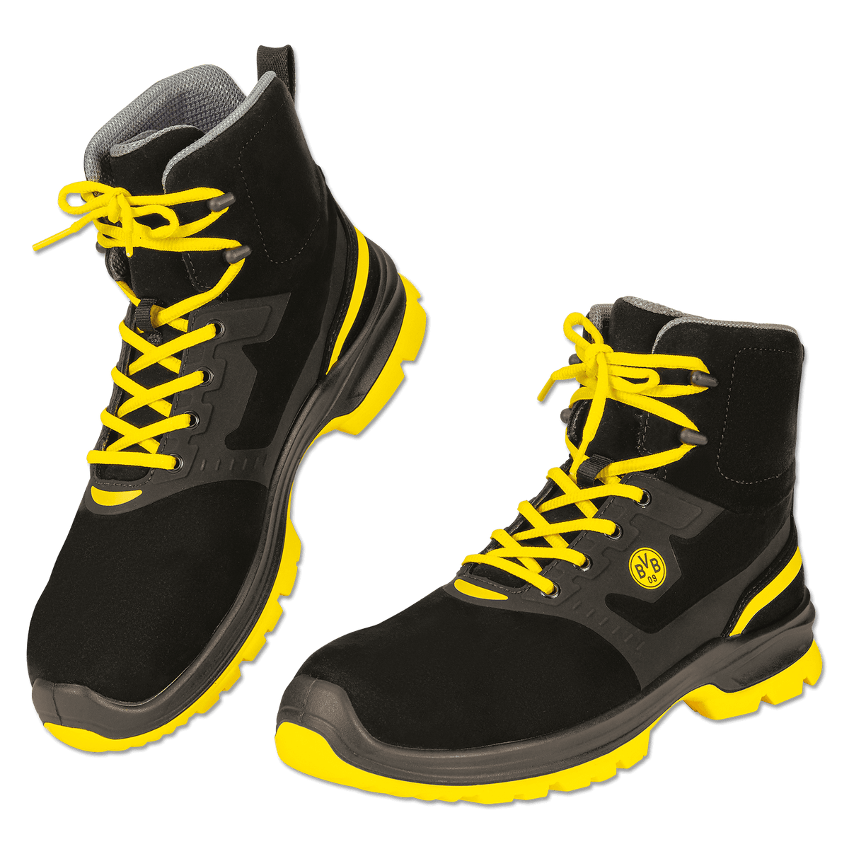Black-and-yellow Malocher 09 High safety shoes in safety class S3, featuring the BVB logo and eye-catching yellow accents for both workplace safety and style.