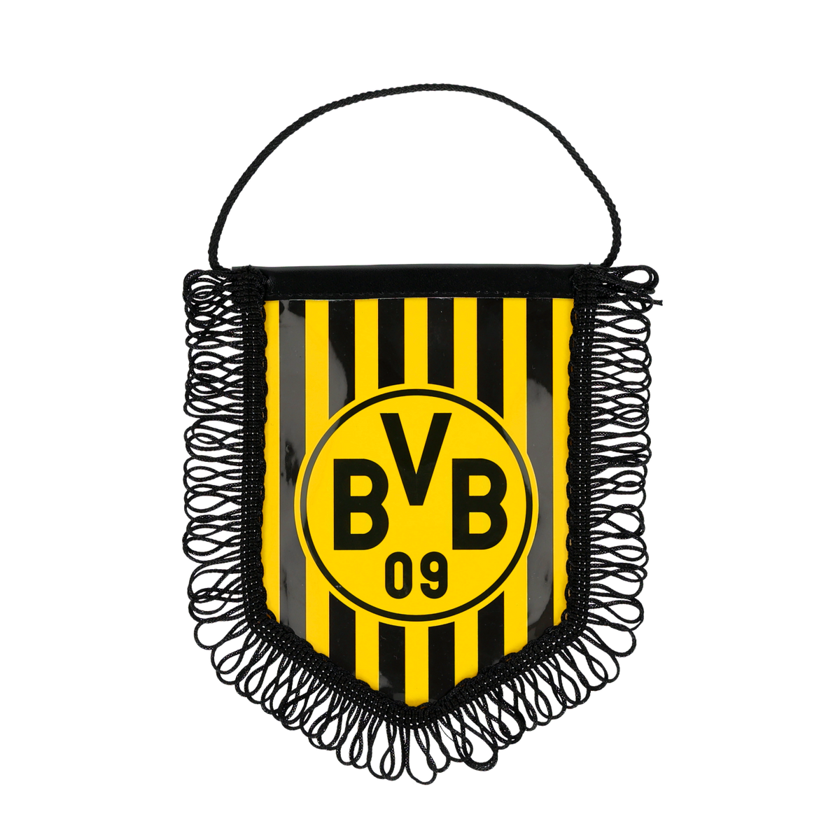 Black-and-yellow BVB car banner with a striped design, the BVB 09 logo, and black fringe—perfect for fans and decoration.