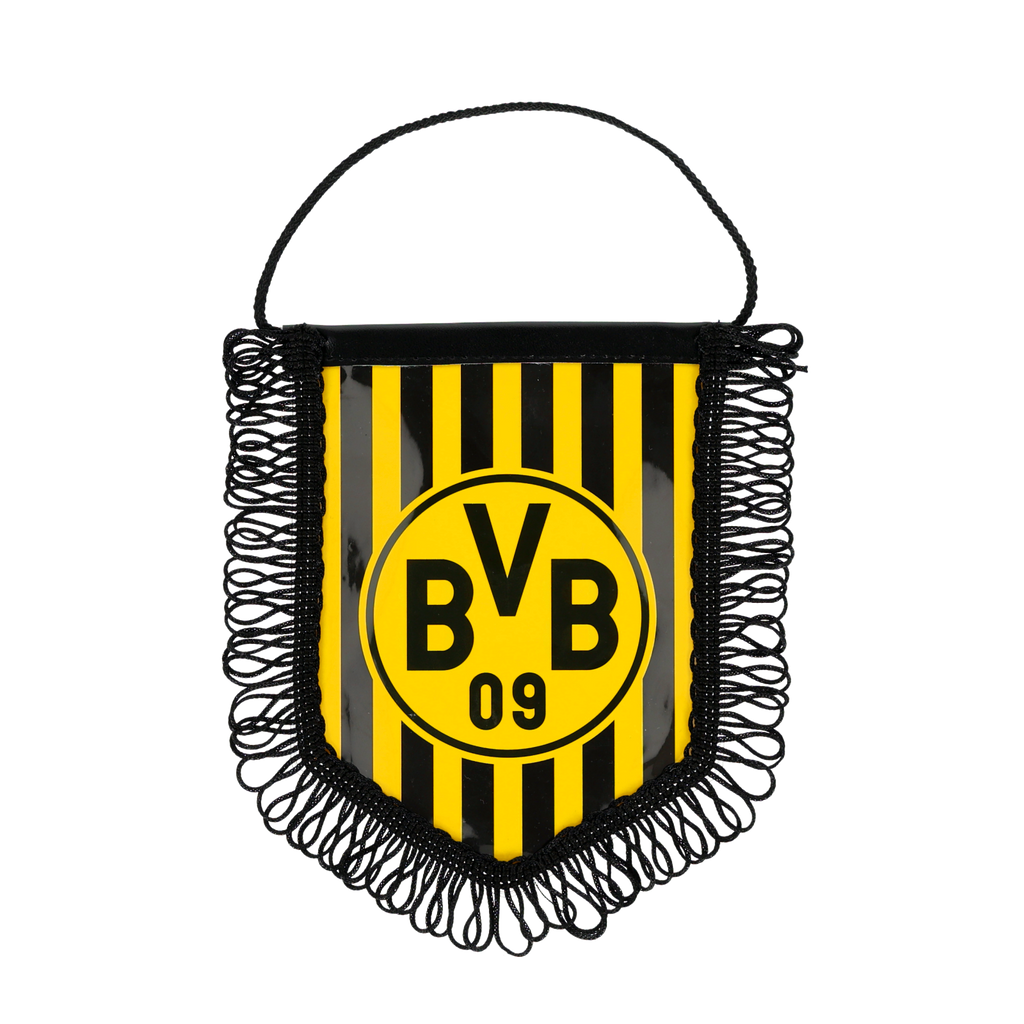 Pancarta para el coche del BVB en negro y amarillo, con diseño a rayas, el logotipo del BVB 09 y flecos negros, ideal para los aficionados y como decoración.