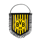 Pancarta para el coche del BVB en negro y amarillo, con diseño a rayas, el logotipo del BVB 09 y flecos negros, ideal para los aficionados y como decoración.