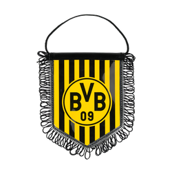 Black-and-yellow BVB car banner with fringe, vertical stripes, and the BVB 09 logo in the center.