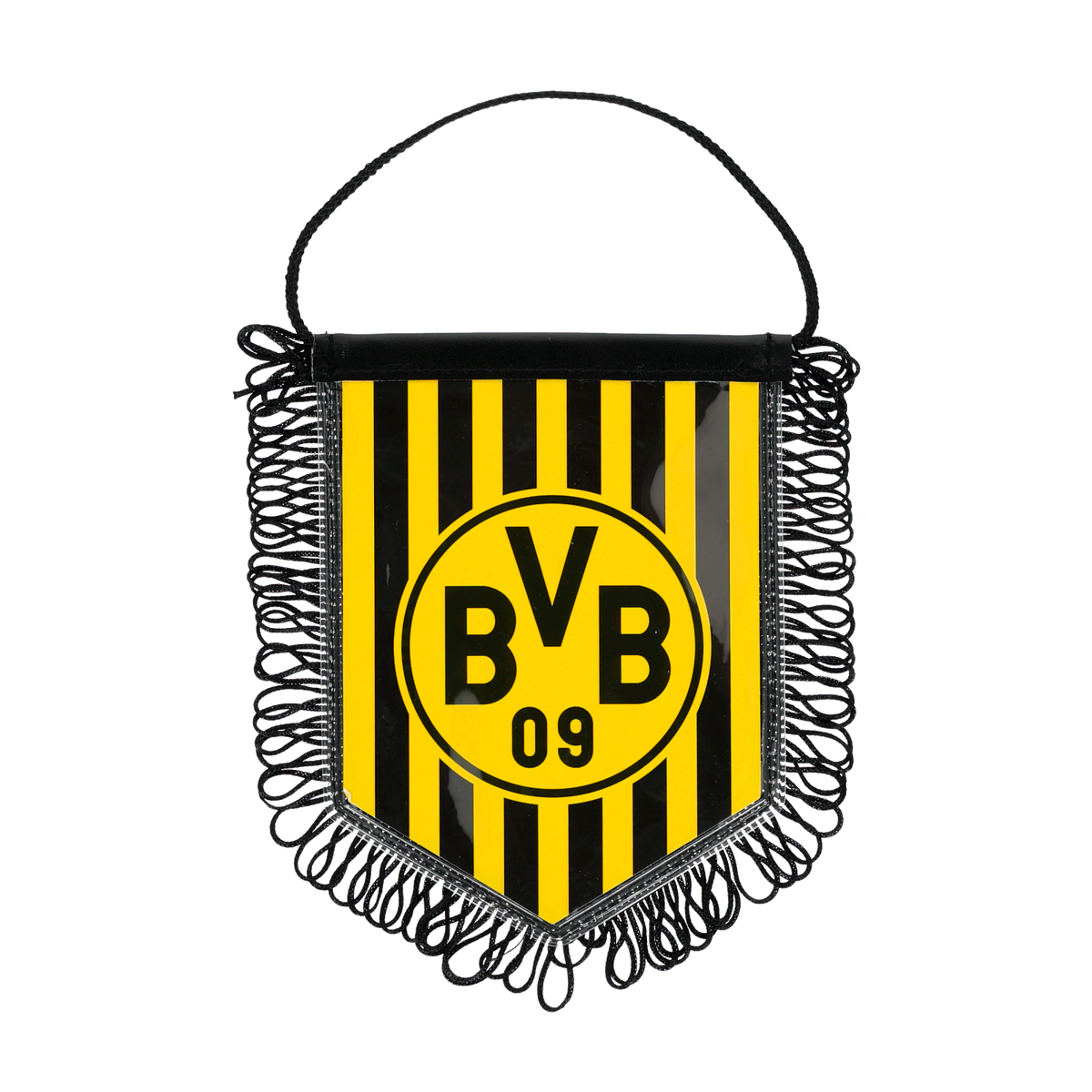 Schwarzgelbes BVB-Autobanner mit Fransen, vertikalen Streifen und zentralem BVB 09 Logo.