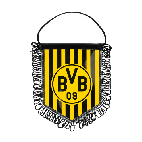 Pancarta para coche del BVB en negro y amarillo, con flecos, rayas verticales y el logotipo central del BVB 09.