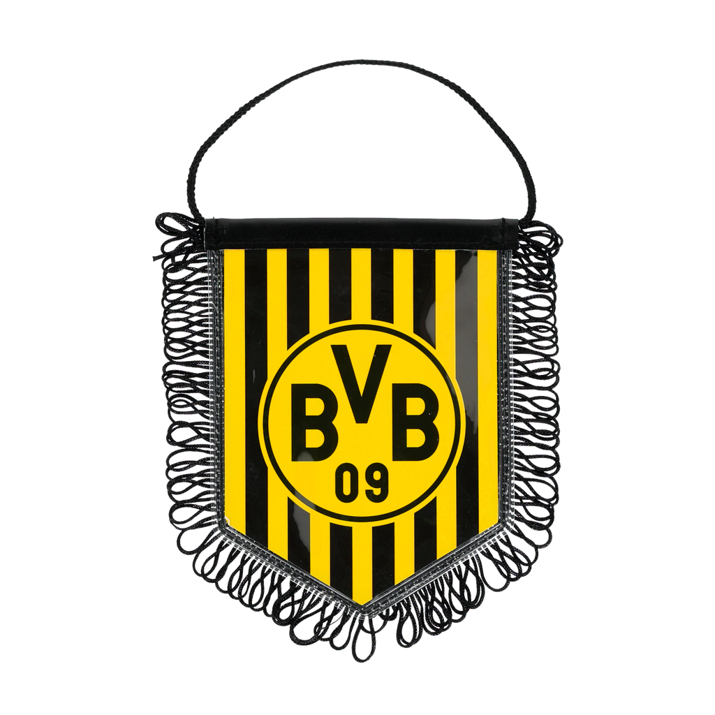 Black-and-yellow BVB car banner with fringe, vertical stripes, and the BVB 09 logo in the center.