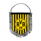 Black-and-yellow BVB car banner with fringe, vertical stripes, and the BVB 09 logo in the center.