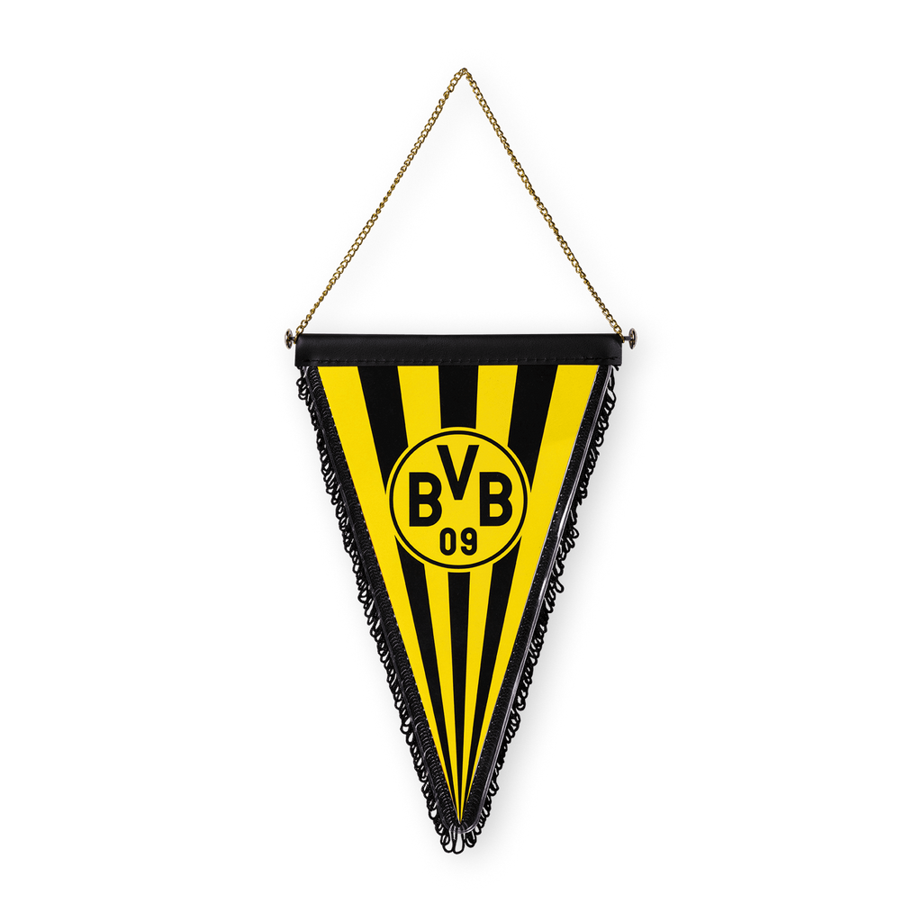 Schmuckwimpel des BVB in schwarzgelbem Streifendesign mit BVB-Logo und angebrachter Kette zum Aufhängen. Perfekt für Fans von Borussia Dortmund als dekorativer Fanartikel.
