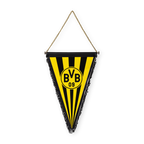 Schmuckwimpel des BVB in schwarzgelbem Streifendesign mit BVB-Logo und angebrachter Kette zum Aufhängen. Perfekt für Fans von Borussia Dortmund als dekorativer Fanartikel.