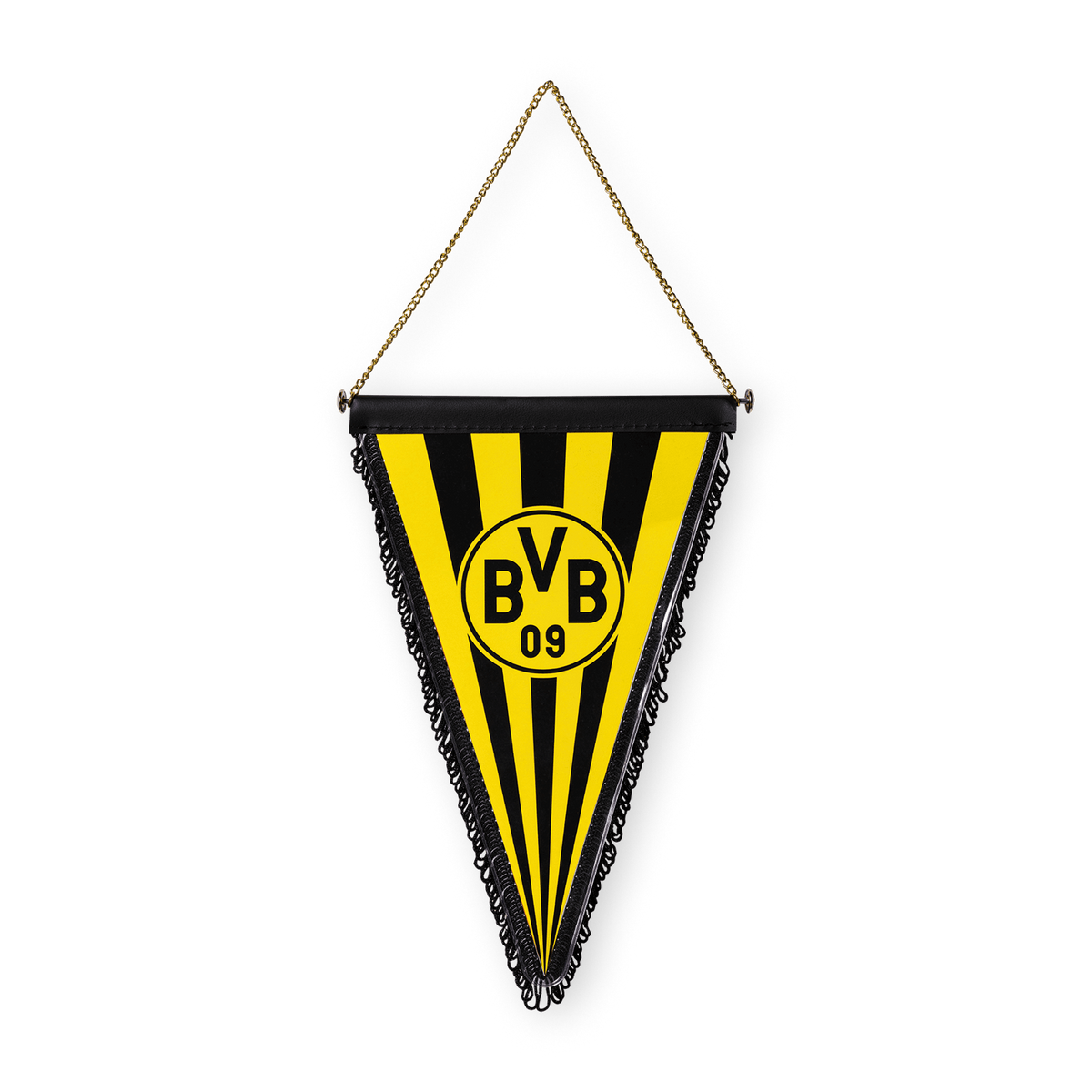 Schmuckwimpel des BVB in schwarzgelbem Streifendesign mit BVB-Logo und angebrachter Kette zum Aufhängen. Perfekt für Fans von Borussia Dortmund als dekorativer Fanartikel.