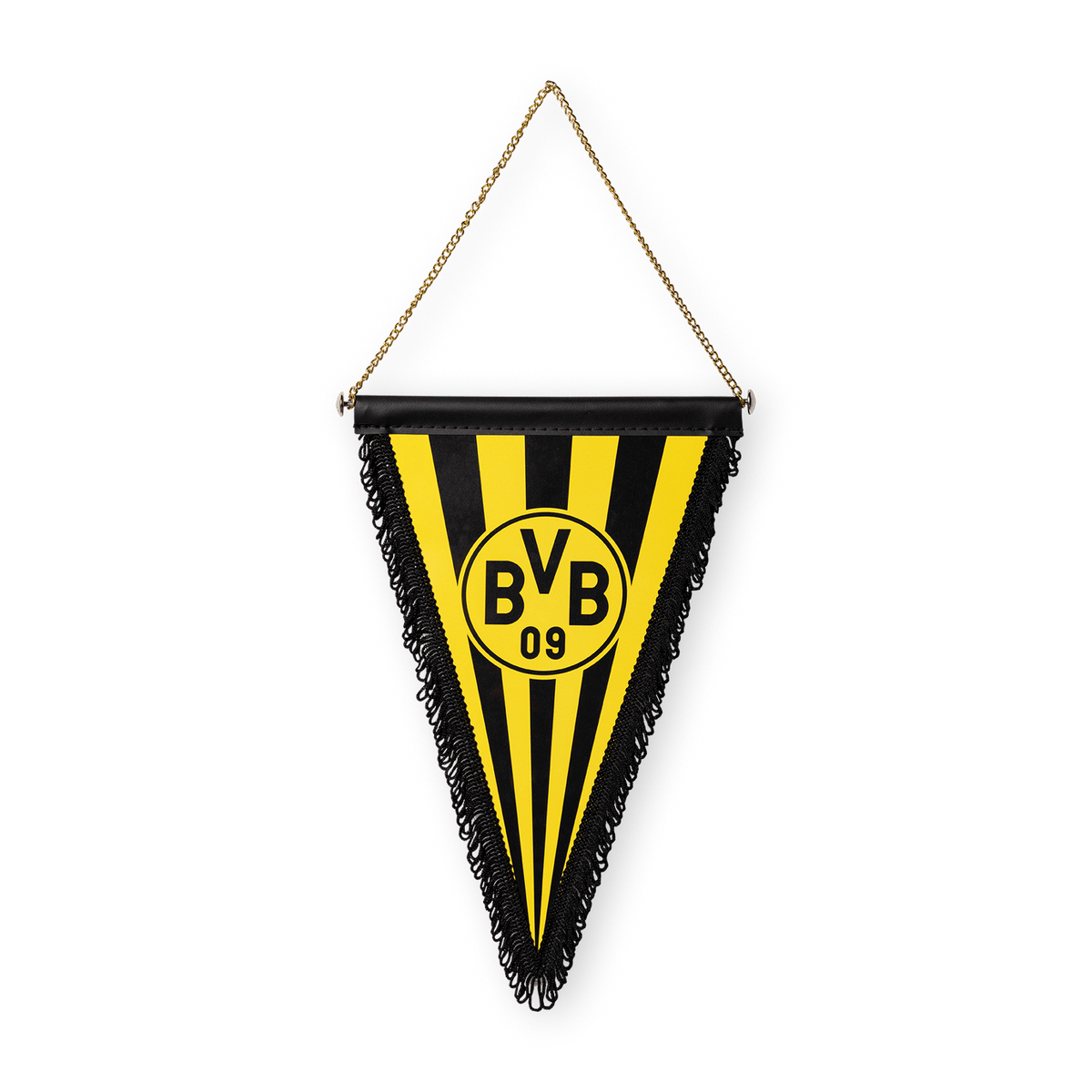 Banderín decorativo del BVB en colores negro y amarillo, con el logotipo del club en el centro, de forma triangular con flecos negros y una cadena para colgarlo