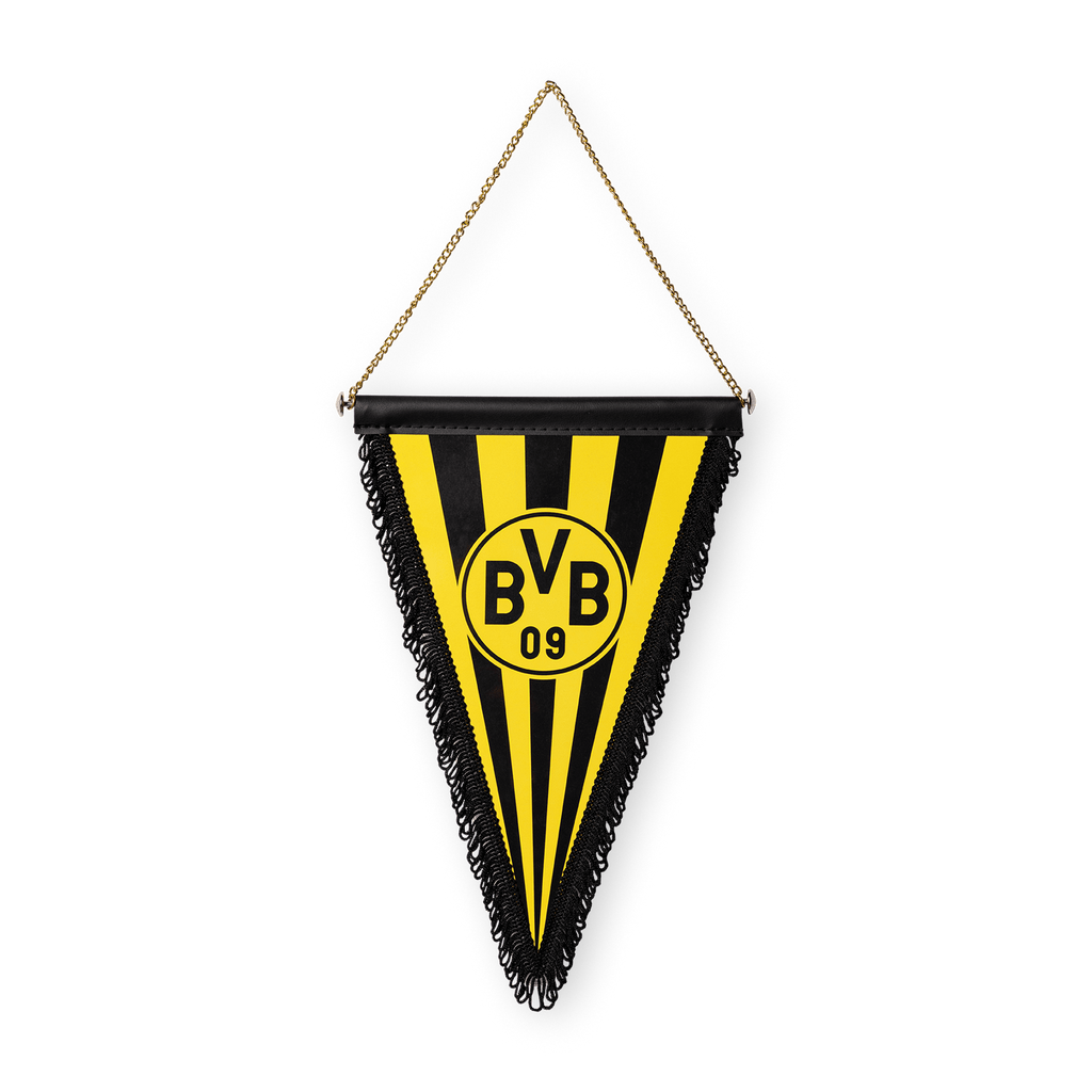 Schwarzgelber BVB-Schmuckwimpel mit Vereinslogo in der Mitte, dreieckig mit schwarzen Fransen und Kette zum Aufhängen